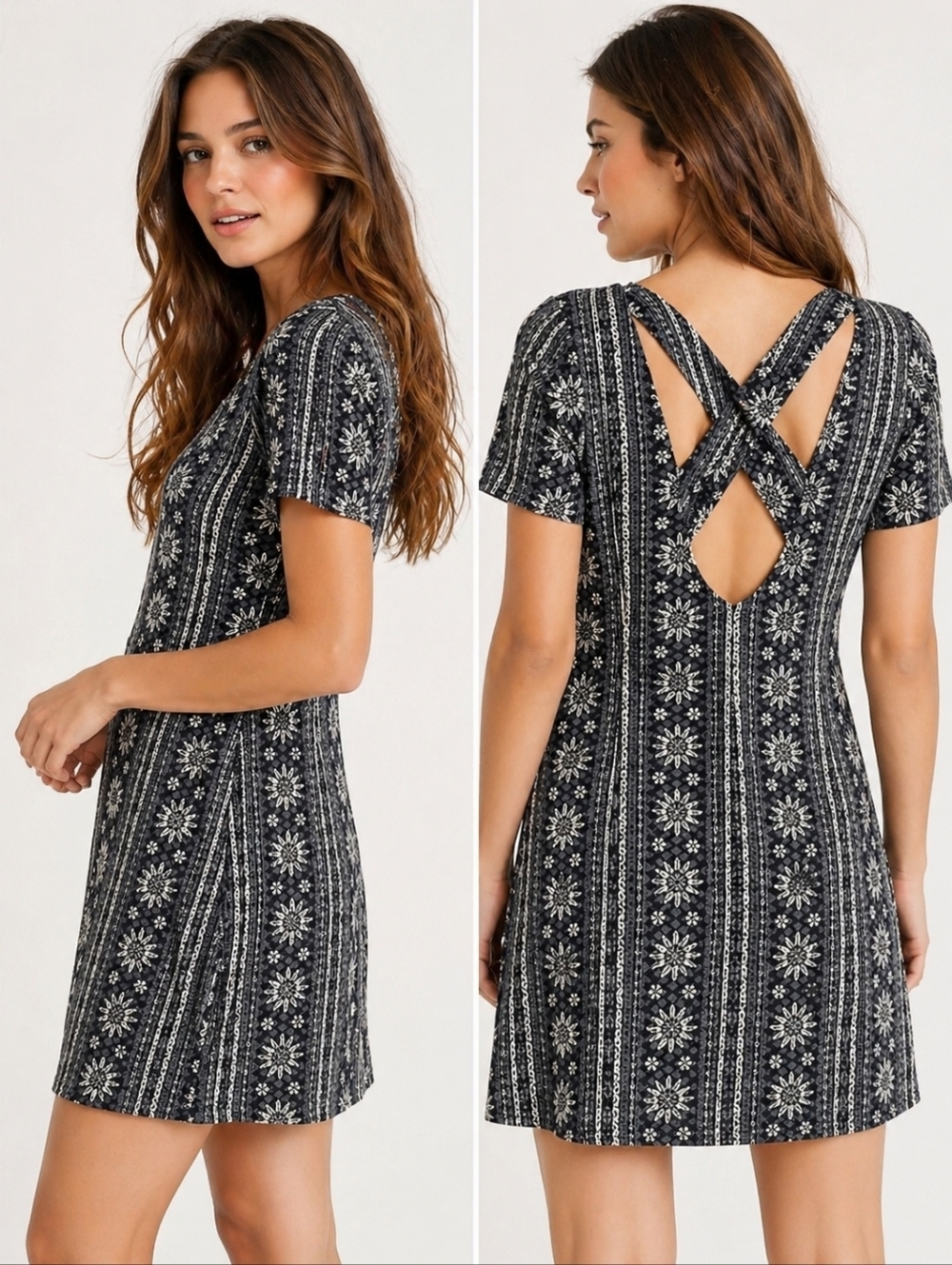 Hollister Floral Dress Small Black White Fit & Flare Crisscross Back Mini Summer